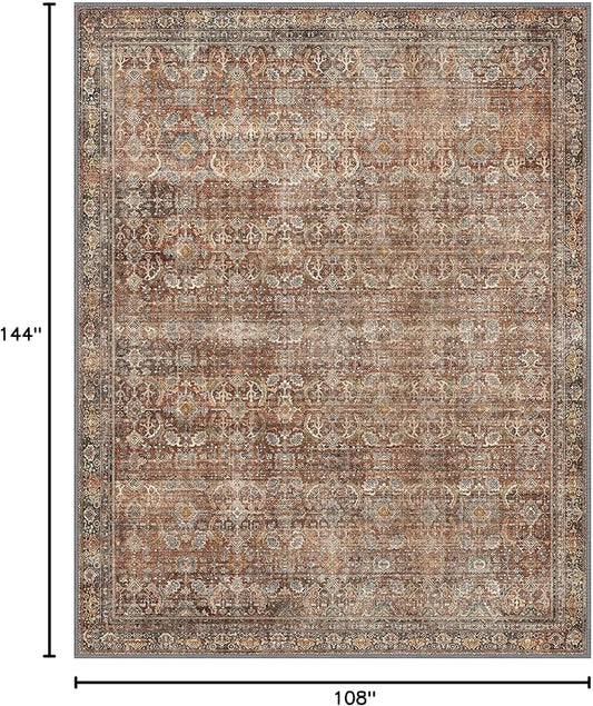 9x12 Area Rug Machine Washable Boho Rug for Living Room,Ultra-Thin Low Pile Carpet,Lightweight Indoor Printed Rug,Non Slip Floral Area Rug for Bedroom, Dining Room, Home Office,Terracotta/Indigo