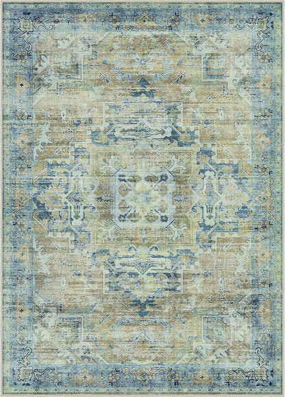 GENIMO Machine Washable 8x10 Area Rugs for Living Room, Non Slip Vintage Rugs, Low Pile Lightweight Chenille Print Rug for Bedroom, Dining Room, Home Office, Fade Blue