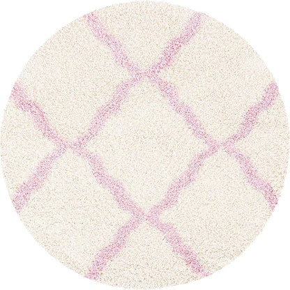SAFAVIEH Dallas Shag Collection Area Rug - 4' Round, Ivory & Light Pink, Trellis Design, Non-Shedding & Easy Care, 1.5-inch Thick Ideal for High Traffic Areas in Living Room, Bedroom (SGD257P)