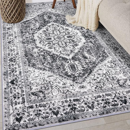 KOZYFLY Boho Area Rug 3x5 Ft Rugs for Entryway Washable Entry Rug Non Slip Door Mat Indoor Entrance Printed Faux Wool Vintage Kitchen Rug Throw Rugs for Kitchen Living Room, Grey