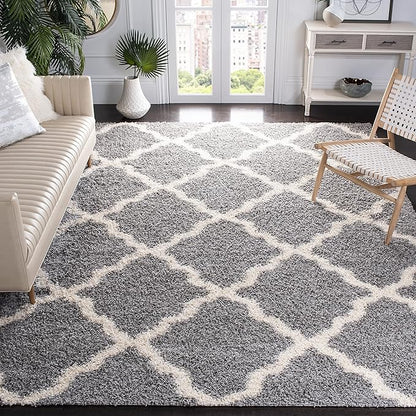 SAFAVIEH Dallas Shag Collection Area Rug - 8'6" x 12', Grey & Ivory, Trellis Design, Non-Shedding & Easy Care, 1.5-inch Thick Ideal for High Traffic Areas in Living Room, Bedroom (SGD257G)