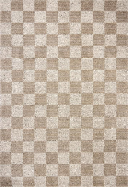 Loloi Chris Loves Julia Calvin Collection CLV-01 Pebble/Ivory 5'-3" x 5'-3" Round Area Rug Checkered Neutral Soft Living Room Bedroom Carpet