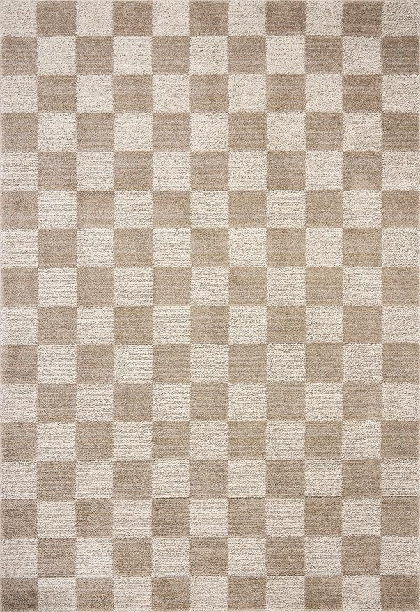 Loloi Chris Loves Julia Calvin Collection CLV-01 Pebble/Ivory 9'-6" x 12'-6" Area Rug Checkered Neutral Soft Living Room Bedroom Carpet