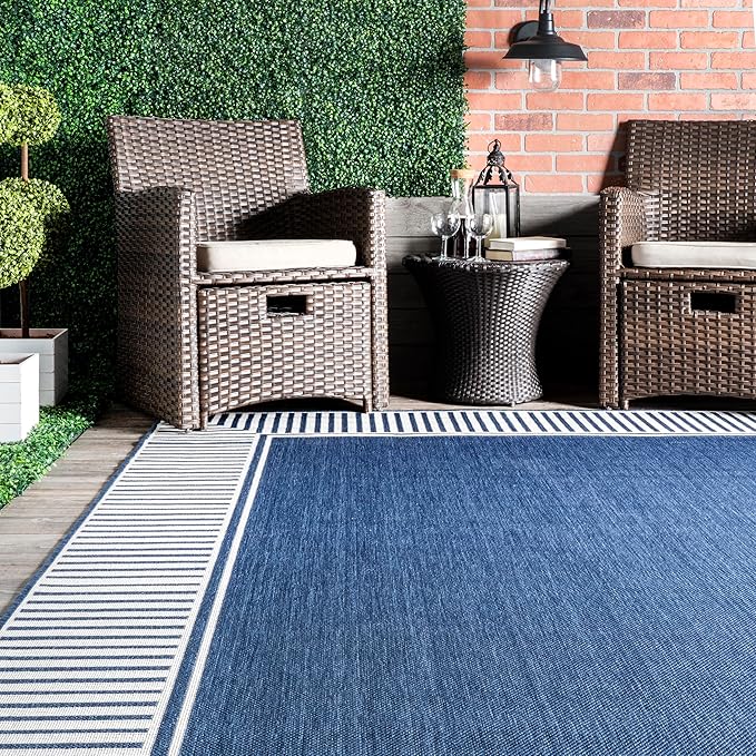 Nuloom Asha Navy/Ivory, 10' x 13', Casual, Striped Border, Soft and Cozy, High Traffic, Stain Resistant, Easy Clean, Durable Area Rug for Indoor/Outdoor Patio, Deck, Porch, Garden, Courtyard