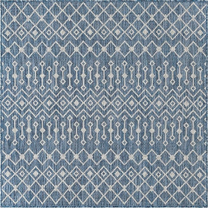Unique Loom Outdoor Trellis Collection Area Rug - Tribal Trellis (5' 1" Square, Blue/ Ivory)