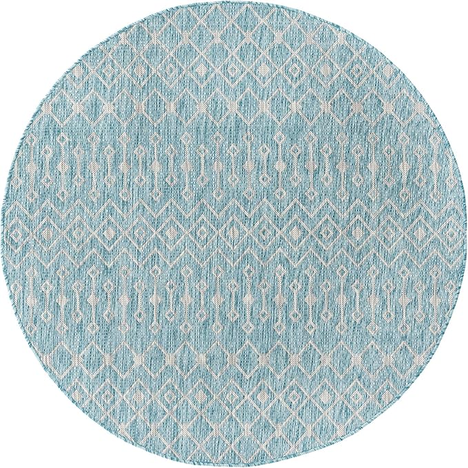 Unique Loom Outdoor Trellis Collection Area Rug - Tribal Trellis (5' 3" Round, Aqua/ Ivory)