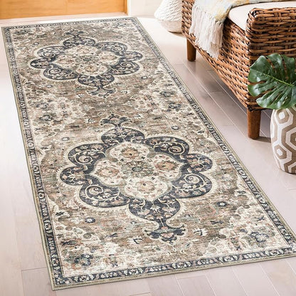 ReaLife Rugs Machine Washable Area Rug Runner - Living Room Bedroom Bathroom Kitchen Entryway Office - Padded Low Pile Stain Resistant Premium - Boho Farmhouse Vintage - Joy - Brown Beige 2'6" x 8'