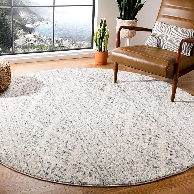 SAFAVIEH Tulum Collection Area Rug - 6'7" Round, Ivory & Grey, Moroccan Boho Tribal Design, Non-Shedding & Easy to Clean, Ideal for Living Room, Bedroom, Dining Space (TUL272A)