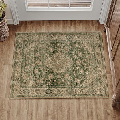 HUGEAR 2x3 Entryway Area Rug Retro Green Small Rug Machine Washable Door Mat Vintage Floral Low Pile Carpet Distressed Throw Rug Entrance Kitchen Bathroom Bedroom Office Non Slip Soft Lightweight