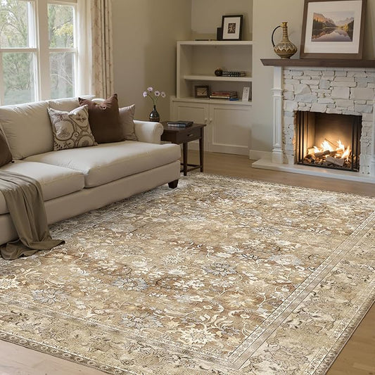 HUGEAR 5x7 Machine Washable Rugs Brown Beige Hallway Area Rug Indoor Accent Rug Floral Low Pile Carpet Soft Throw Aesthetic Rug Bedroom Living Room Office Dining Room Kitchen Laundry Room Non Slip