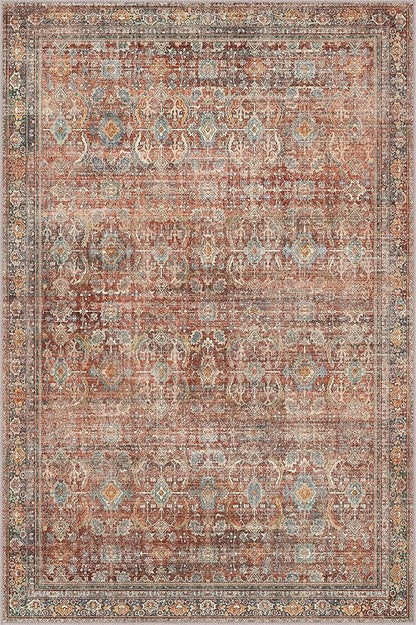 6x9 Area Rug Machine Washable Boho Rug for Living Room,Ultra-Thin Low Pile Carpet,Lightweight Printed Rug,Non Slip Floral Area Rug for Bedroom, Dining Room, Home Office,Terracotta/Indigo