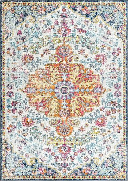 Livabliss Area Rugs - 12x18 Odelia Vintage Boho Aqua Off-White Blue Area Rug for Living Room Bedroom - Floral Medallion Stain Resistant Carpet for Kitchen, Nursery, Office (12' x 18')
