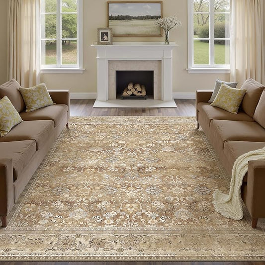 HUGEAR 8x10 Machine Washable Rugs Brown Beige Hallway Large Area Rug Indoor Accent Rug Floral Low Pile Carpet Soft Throw Aesthetic Rug Bedroom Living Room Office Dining Room Kitchen Laundry Room
