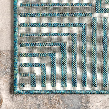 Nuloom Asha Teal/Ivory, 9'6" x 12', Casual, Striped Border, Soft and Cozy, High Traffic, Stain Resistant, Easy Clean, Durable Area Rug for Indoor/Outdoor Patio, Deck, Porch, Garden, Courtyard