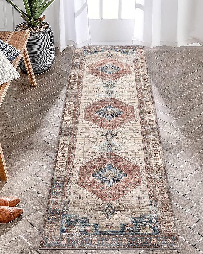 vivorug Runner Rug 2x10 Machine Washable Rug with Non-Slip Backing, Ideal for Kitchen Hallway Entryway Laundry Room - Vintage, Durable, Easy Clean, Low Pile Carpet Runner, Brown