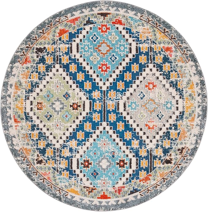 SAFAVIEH Madison Collection 6'7" Round Navy/Beige MAD418M Boho Diamond Distressed Non-Shedding Entryway Foyer Living Room Bedroom Kitchen Area Rug