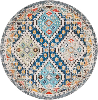 SAFAVIEH Madison Collection 6'7" Round Navy/Beige MAD418M Boho Diamond Distressed Non-Shedding Entryway Foyer Living Room Bedroom Kitchen Area Rug