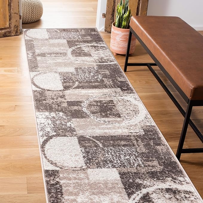 Rugshop Contemporary Abstract Circle Design Runner Rug, Non-Shedding Carpet for Hallway, Entryway, or Kitchen, Brown, 2' x 10'