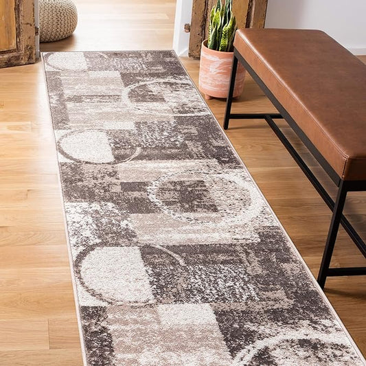 Rugshop Contemporary Abstract Circle Design Runner Rug, Non-Shedding Carpet for Hallway, Entryway, or Kitchen, Brown, 2' x 10'