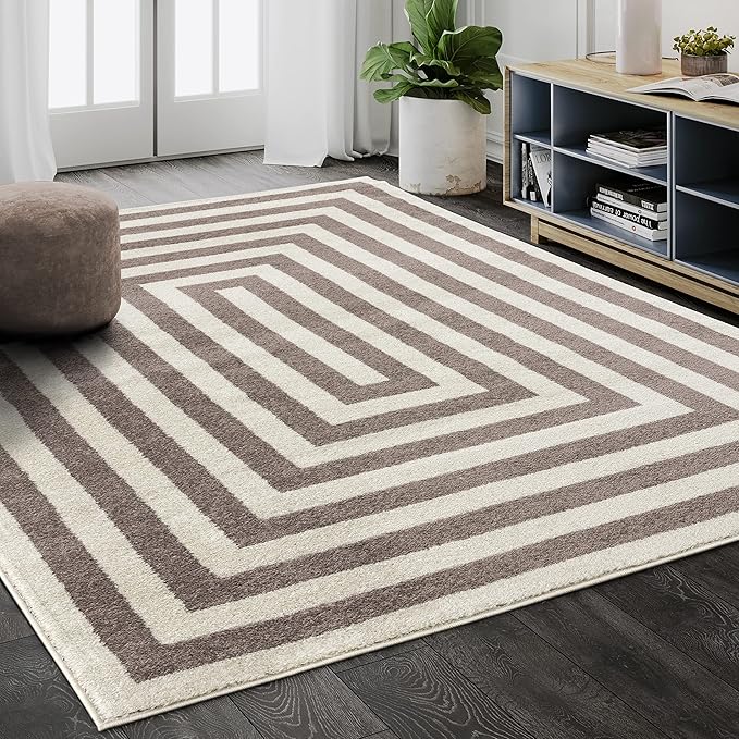 Abani Contemporary Beige & Ivory 4' x 6' Area Rug, Contrasting Geometric Modern Stripe Symmetrical Living Room Carpet Rugs
