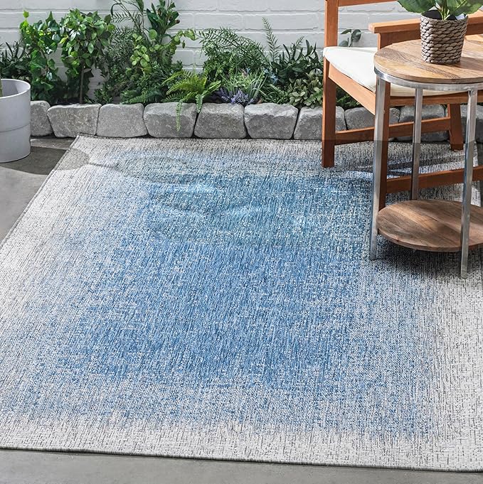 FH Home Flat Woven Outdoor Rug - Waterproof, Easy to Clean, Stain Resistant - Premium Polypropylene Yarn - Modern Ombre - Patio, Porch, Deck, Balcony - Dhruva - Blue - 5ft 2in x 7ft 6in