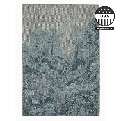 FH Home Outdoor Rug - Waterproof Easy to Clean Stain Resistant - Patio Indoor Outdoor Porch Deck Balcony Entryway - Modern Abstract - Freeport - Blue - 7ft 8in x 9ft 8in