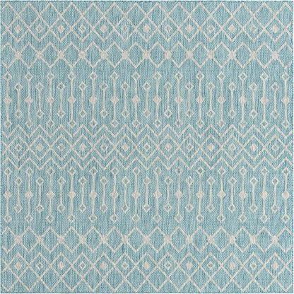 Unique Loom Outdoor Trellis Collection Area Rug - Tribal Trellis (7' 10" Square, Aqua/ Ivory)