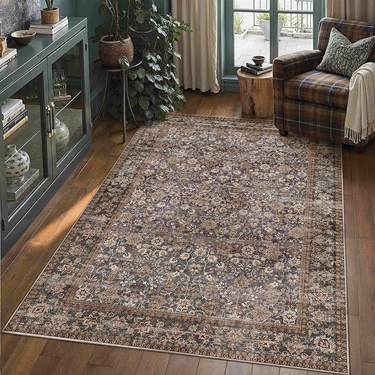 Hugear 5x7 Machine Washable Rugs Tradition Brown Hallway Area Rug Indoor Accent Rug Floral Low Pile Carpet Soft Throw Aesthetic Rug Bedroom Living Room Office Dining Room Kitchen Laundry Room Non Slip