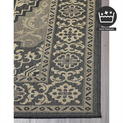 FH Home Flat Woven Outdoor Rug - Waterproof, Easy to Clean, Stain Resistant - Premium Polypropylene Yarn - Vintage - Porch, Deck, Balcony,Laundry Room - Ankara - Charcoal - 2ft 8in x 4 ft 11in