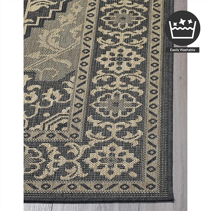 FH Home Flat Woven Outdoor Rug - Waterproof, Easy to Clean, Stain Resistant - Premium Polypropylene Yarn - Vintage - Large Patio, Deck, Sunroom - Ankara - Charcoal - 7ft 10 in x 10ft 9in