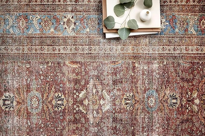 Loloi Layla Collection LAY-01 Brick/Blue 2'-0" x 5'-0" .13" Thick Accent Rug, Soft, Durable, Vintage Inspired, Distressed, Low Pile, Non-Shedding, Easy Clean, Printed, Living Room Rug