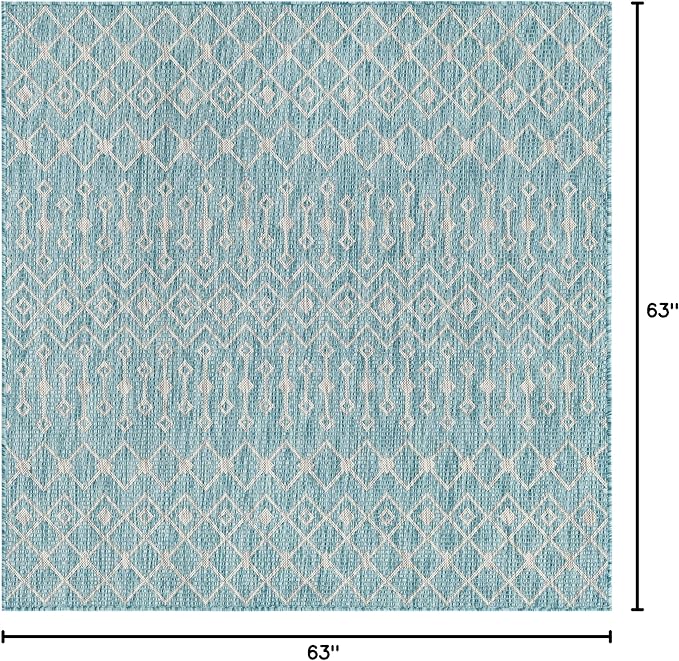 Unique Loom Outdoor Trellis Collection Area Rug - Tribal Trellis (5' 3" Square, Aqua/ Ivory)