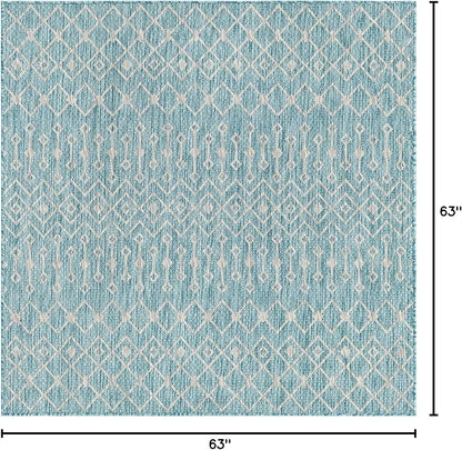 Unique Loom Outdoor Trellis Collection Area Rug - Tribal Trellis (5' 3" Square, Aqua/ Ivory)