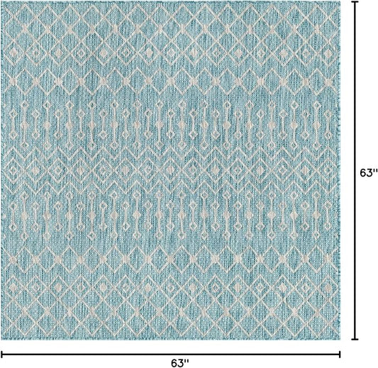 Unique Loom Outdoor Trellis Collection Area Rug - Tribal Trellis (5' 3" Square, Aqua/ Ivory)