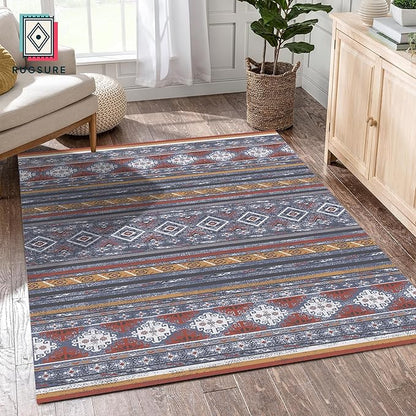RUGSURE Washable Area Rugs 5' x 7' - 1/6 Thick - Moroccan-Inspired -Stain & Water Resistant Non-Slip - Resistant Rug for Living Room, Bedroom, Nursery, Pet & Child Friendly (Blue and Red)