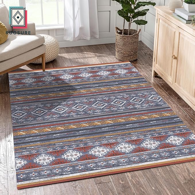 RUGSURE Washable Area Rugs 6' x 9' - 1/6 Thick - Moroccan-Inspired -Stain & Water Resistant Non-Slip - Resistant Rug for Living Room, Bedroom, Nursery, Pet & Child Friendly (Blue and Red)