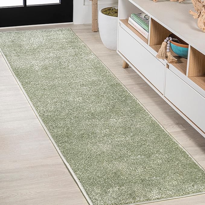 Eyely UES100O-212 Supersoft Haze Solid Low-Pile Indoor Runner Rug, Coastal, Bohemian, Minimalist, Classic, Casual for Bedroom,Kitchen,Living Room,Non Shedding,Easy-Washing, Green, 2 X 12