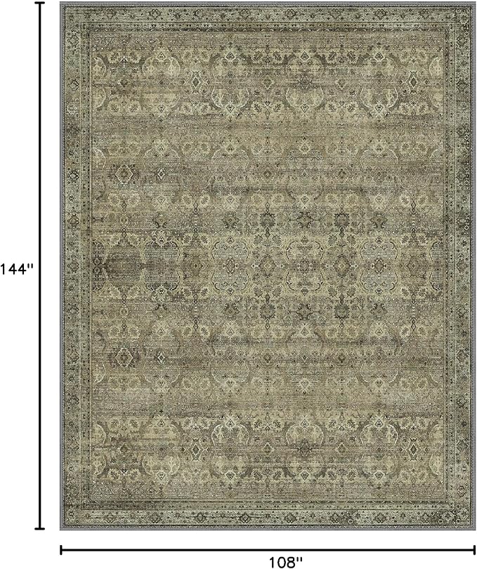 9x12 Area Rug Machine Washable Boho Rug for Living Room,Ultra-Thin Low Pile Carpet,Lightweight Indoor Printed Rug,Non Slip Floral Area Rug for Bedroom, Dining Room, Home Office,Sage