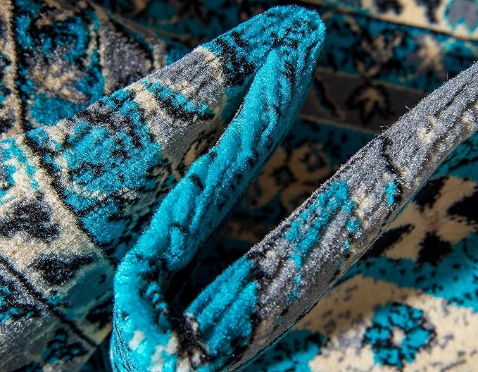 Unique Loom Taftan Collection Border Geometric Tribal Inspired Design Area Rug (7' 0 x 10' 0 Rectangular, Turquoise/ Gray)