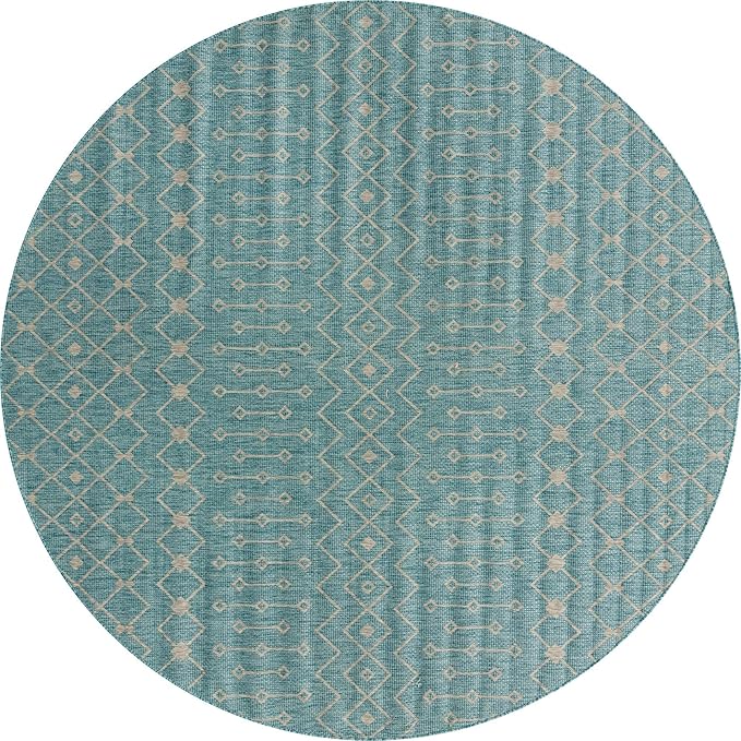 Unique Loom Outdoor Trellis Collection Area Rug - Tribal Trellis (10' 8" Round, Aqua/ Ivory)