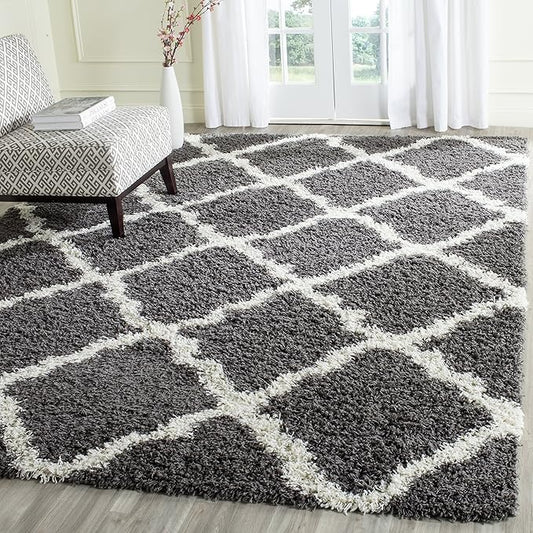 SAFAVIEH Dallas Shag Collection X-Large Area Rug - 11' x 15', Dark Grey & Ivory, Trellis Design, Non-Shedding & Easy Care, 1.5-inch Thick Ideal for High Traffic Areas in Living Room, Bedroom (SGD257A)
