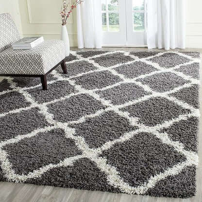 SAFAVIEH Area Rug 8x10 - Dallas Shag Collection - Large - Dark Grey & Ivory, Trellis Pattern, Non-Shedding & Easy Cleaning, Plush Thick Pile, Ideal for Living Room, Bedroom, Dining Space (SGD257A)