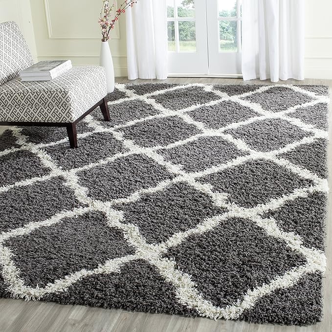 SAFAVIEH Dallas Shag Collection Area Rug - 8'6" x 12', Dark Grey & Ivory, Trellis Design, Non-Shedding & Easy Care, 1.5-inch Thick Ideal for High Traffic Areas in Living Room, Bedroom (SGD257A)