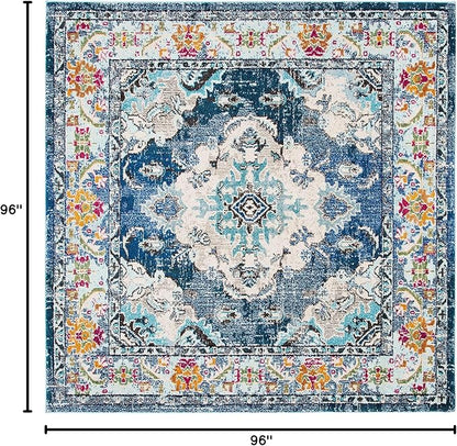 SAFAVIEH Monaco Collection Area Rug - 8' Square, Navy & Light Blue, Boho Chic Medallion Distressed Design, Non-Shedding & Easy Care, Ideal for High Traffic Areas in Living Room, Bedroom (MNC243N)
