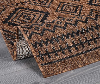 Beverly Rug Waikiki Boho Indoor Outdoor Rug 8x10, Washable Outside Carpet for Patio, Deck, Porch, Bohemian Area Rug, Farmhouse Rugs, Aztec Tribal Rug, Nut Brown and Black