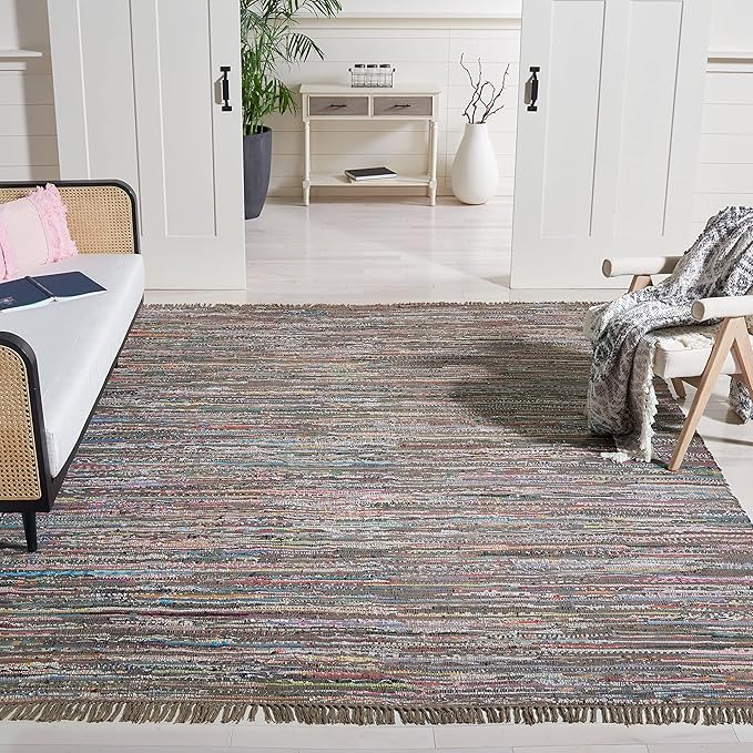 SAFAVIEH Rag Rug Collection Area Rug - 9' x 12', Rust & Multi, Handmade Boho Stripe Cotton, Ideal for High Traffic Areas in Living Room, Bedroom (RAR121E)