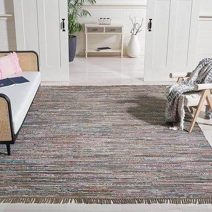 SAFAVIEH Rag Rug Collection Area Rug - 6' Square, Rust & Multi, Handmade Boho Stripe Cotton, Ideal for High Traffic Areas in Living Room, Bedroom (RAR121E)