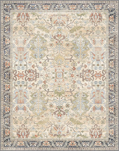 Bavni Area Rugs 8x10 Clearance, Rugs for Living Room, Machine Washable Rug Lightweight Low Pile, Chenille Non Slip Rug Boho Print Decorative Carpet for Bedroom Dinning Room, Ivory/Teal
