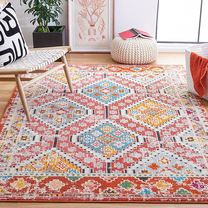 SAFAVIEH Madison Collection Area Rug - 9' x 12', Rust & Pink, Boho Diamond Distressed Design, Non-Shedding & Easy Care, Ideal for High Traffic Areas in Living Room, Bedroom (MAD418Q)