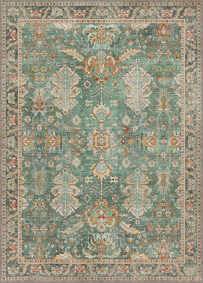 Bavni 10x14 Area Rugs for Living Room, Machine Washable Rug Lightweight Low Pile, Chenille Non Slip Rug Boho Print Decorative Carpet for Bedroom Dinning Room, Sage/Gold